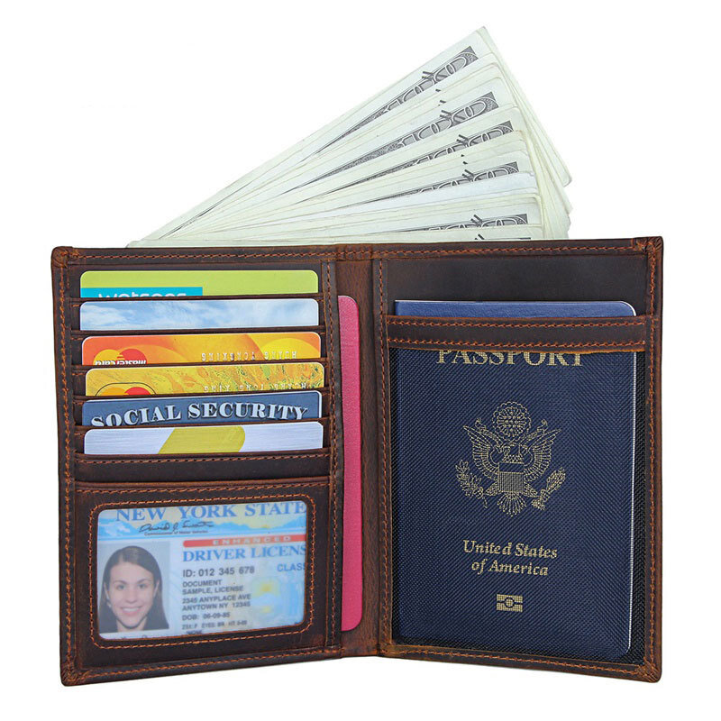 Carteira de couro genuíno titular do passaporte para homens mulher viagem de crédito id banco titular do cartão de bilhete titular do documento saco