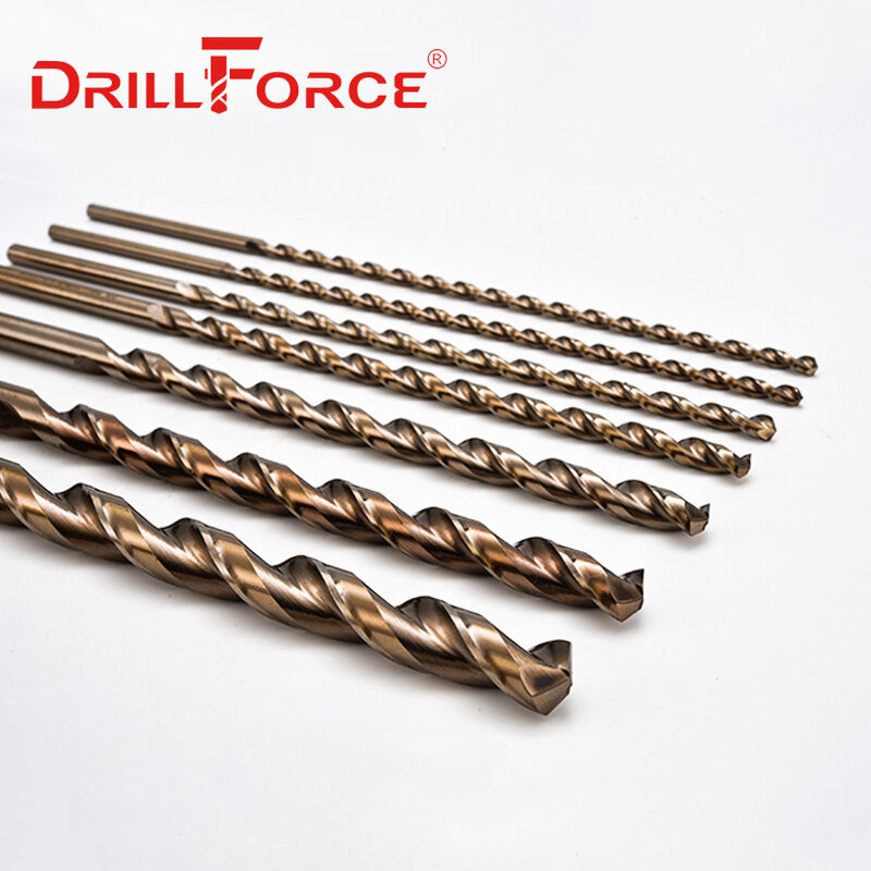 Drillforce-brocas largas de cobalto, 5 piezas, 2mm-13mm, M35 HSSCO, perforación de agujero profundo Parobolic para acero inoxidable, aleación de acero, hierro fundido