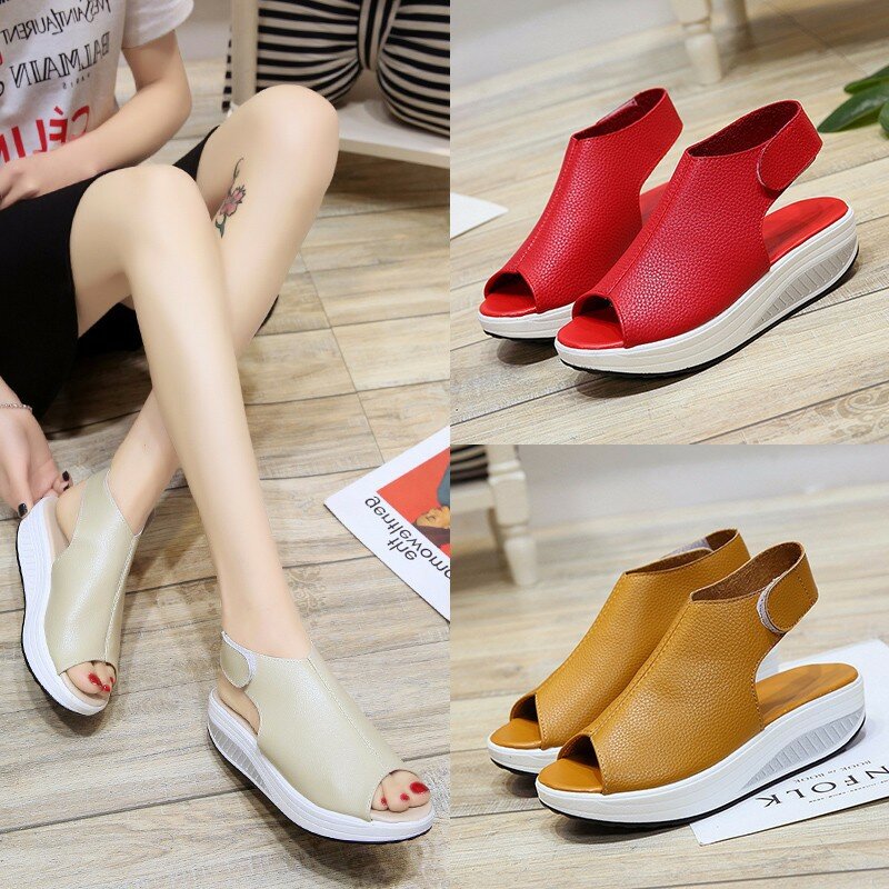 2020 Fashion Summer Sandals Women Shake Shoes Thick Wedges Slope Platform Head Leather Sandals Women Casual Flats Shoes