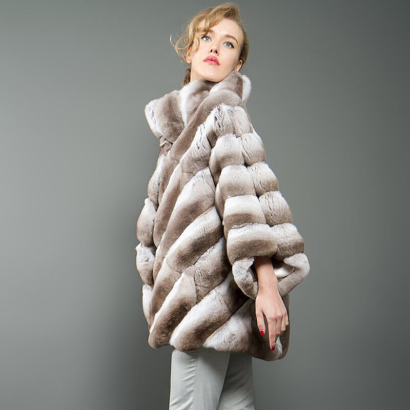 Abrigo de piel marrón tipo murciélago para mujer, chaqueta de piel de conejo Rex, abrigo cálido de moda para invierno