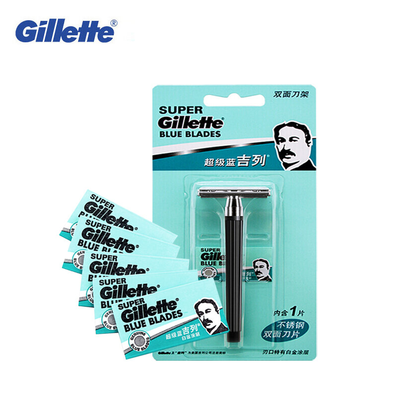Gillette-maquinilla de afeitar Super Blue para hombre, soporte para cuchillo y cuchillas, maquinilla de afeitar oficial de seguridad auténtica, cuidado facial, afeitado Manual