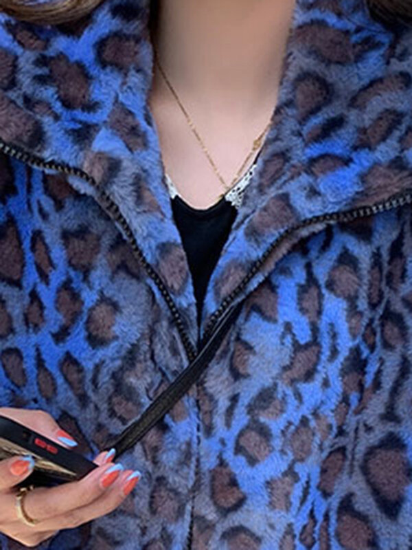 Lautaro Зимнее красочное женское пальто из искусственного меха с леопардовым принтом с длинным рукавом Теплая мягкая пушистая куртка на молнии Корейская мода оверсайз экошуба женская леопардовая шуба плюшевая куртка