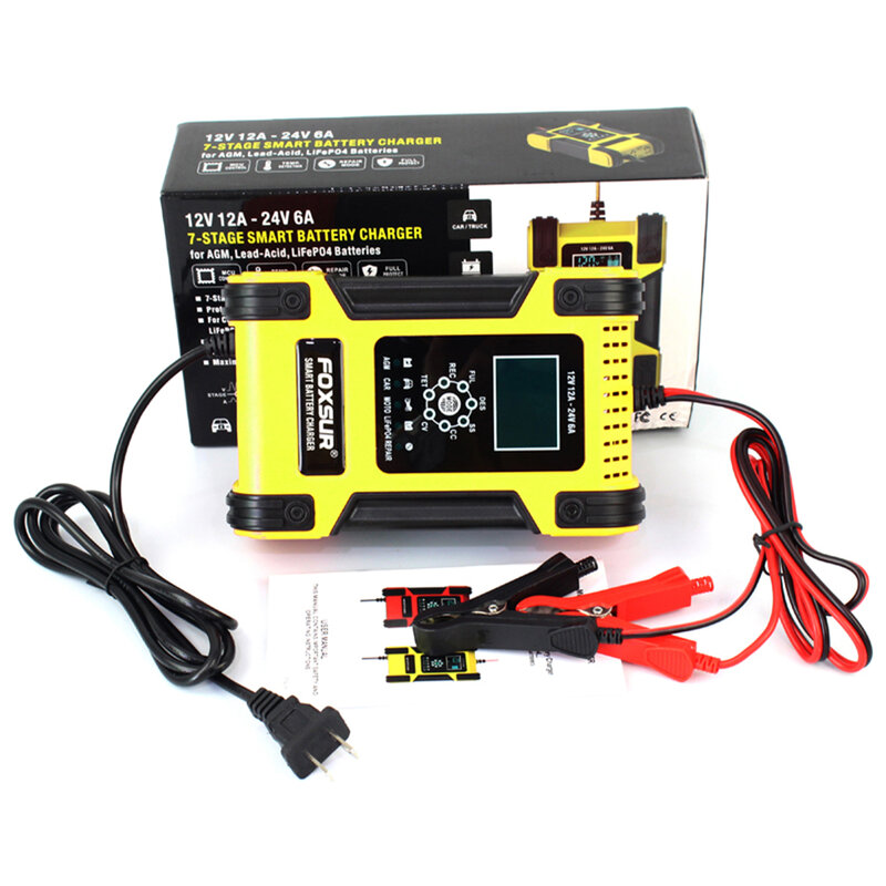 FOXSUR – chargeur automatique intelligent pour voiture, 12V/24V, pour batterie de moto, AGM GEL au Lithium, plomb-acide, LiFePO4