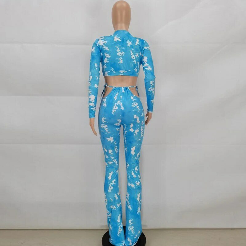 セクシーなネクタイ染料2ツーピースセットブルー長袖クロップトップカットアウト包帯パンツ女性2021秋祭衣装クラブマッチングセット