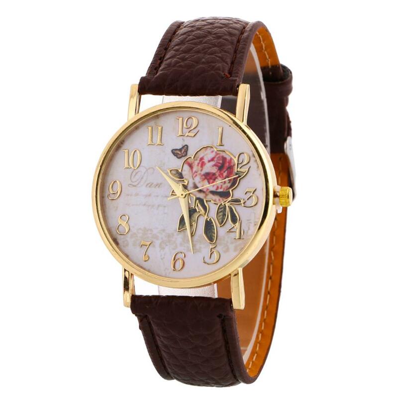 Kwiat róży zegarek z okrągłą średnicą damskie eleganckie zegarki pasek ze sztucznej skóry cyfra arabska zegarek kwarcowy Montre Femme prezent na boże narodzenie