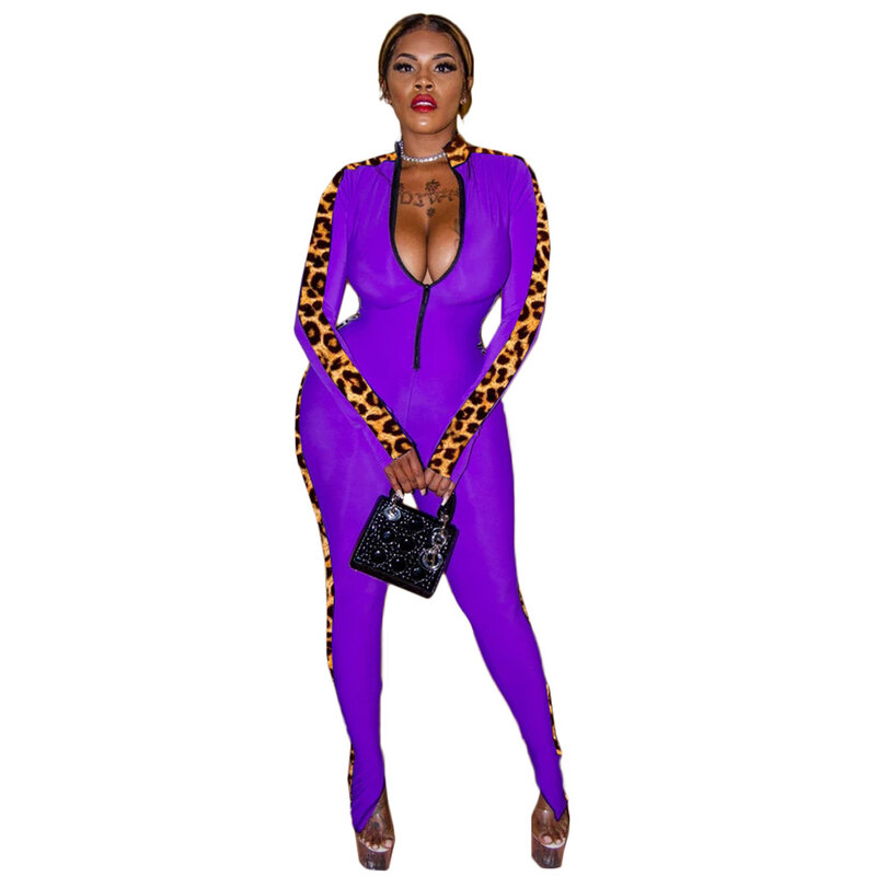 Macacão feminino sexy roxo justo, manga longa, patchwork, leopardo, zíper, gola v, elegante, clube, 2019