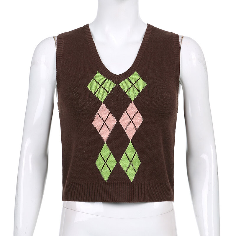 Sweetown-suéter de punto a cuadros para mujer, chaleco estilo inglés Preppy Y2K, ropa informal de los 90 con cuello de pico, ropa de calle de punto para otoño