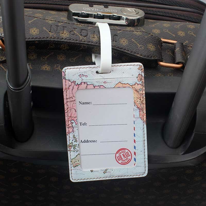 Etiqueta de equipaje de PU con mapa del mundo creativo, accesorios de viaje de alta calidad, soporte de identificación de maleta, etiqueta de embarque, etiqueta portátil