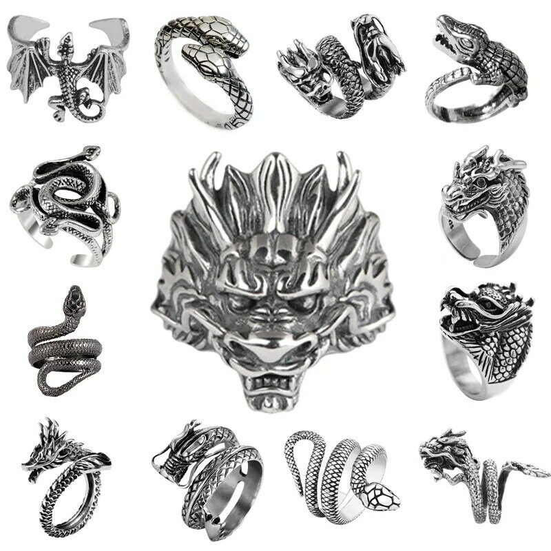 Anel de dragão e cobra ajustável para homens e mulheres, anel de locomotiva vintage, cor prata antiga, punk, hip hop, moda