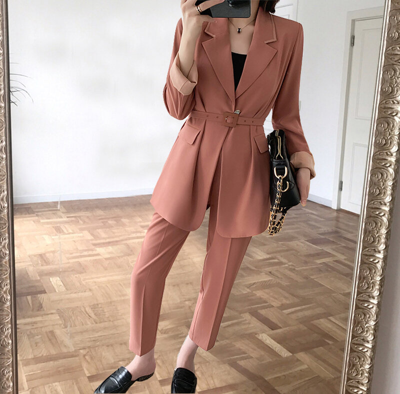 Large size XL-5XL ladies suits high quality Autumn temperament long pink suit jacket female Temperament Slim Pants Sets 2019 new