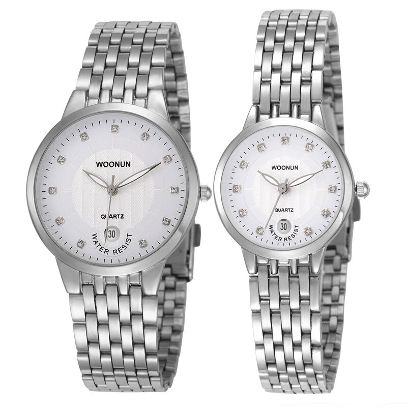 최고 브랜드 럭셔리 커플 시계, WOONUN 패션 연인 쌍 시계 세트 남성 여성 초박형 골드 스테인레스 스틸 쿼츠 시계, 2023