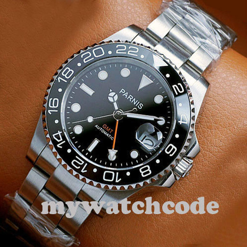 Parnis relógio preto luminoso masculino, mostrador preto 40mm, vidro safira automático, pulseira sólida na cor preta