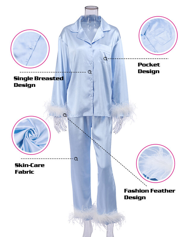 Conjunto de pijama de satén para mujer, ropa de dormir de un solo pecho con cuello vuelto, con plumas, Color liso