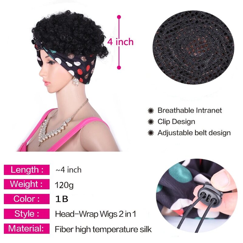 Krótki Afro Puff przyrząd do koka z włosów Turban 2 w 1 sznurkiem Headwrap syntetyczny perwersyjne kręcone Updo peruka dla czarnych kobiet