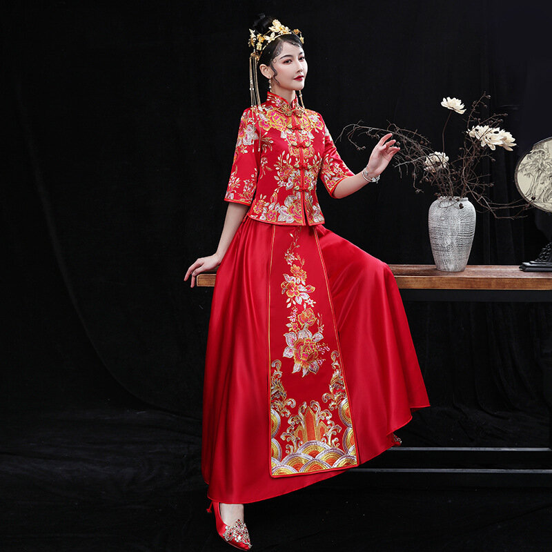 Vestido Cheongsam chino tradicional bordado para boda, elegante vestido de novia para Banquete de otoño