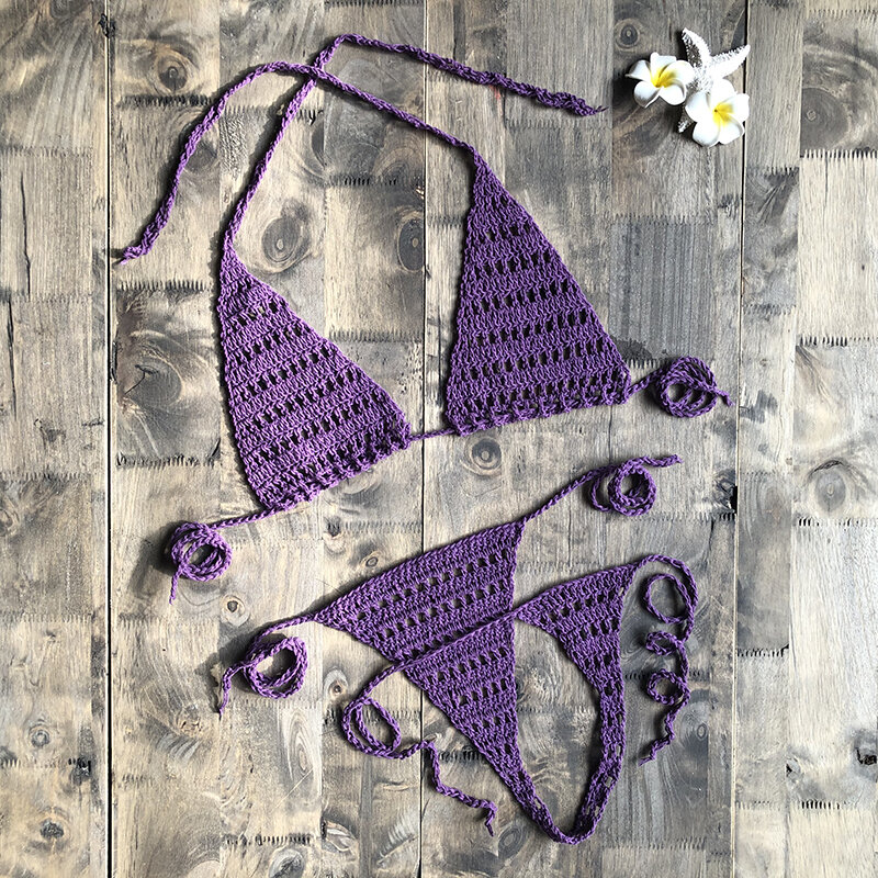 Conjunto de micro tanga para mulheres, conjunto de lingerie sexy, 1 conjunto, sutiã, inferior, feito à mão, crochê, biquíni, praia, 2019