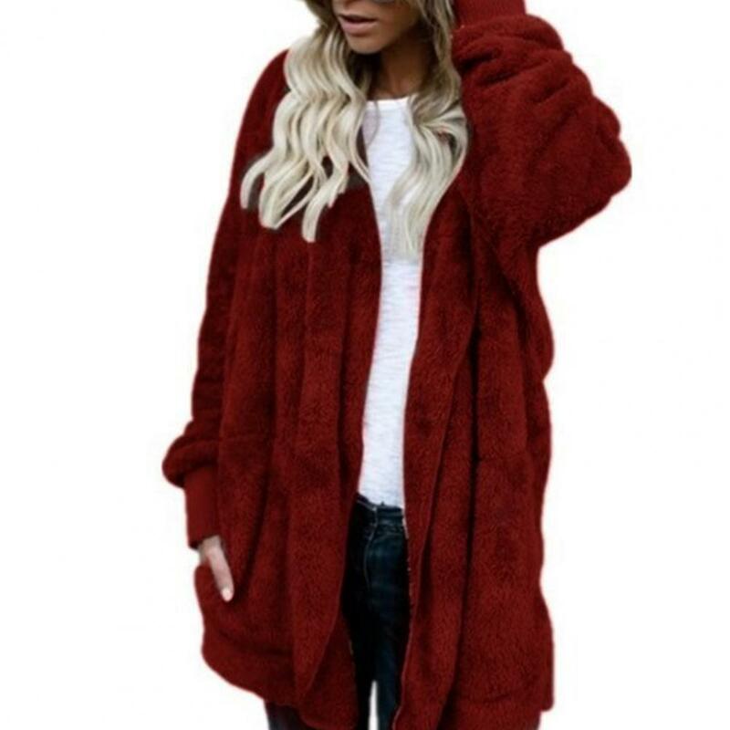 Penjualan Laris 80%!!! Mantel Kardigan Wanita Musim Dingin Mantel Bertudung Bulu Palsu Solid Ukuran Plus Mantel Hangat Musim Gugur Musim Dingin Lengan Panjang