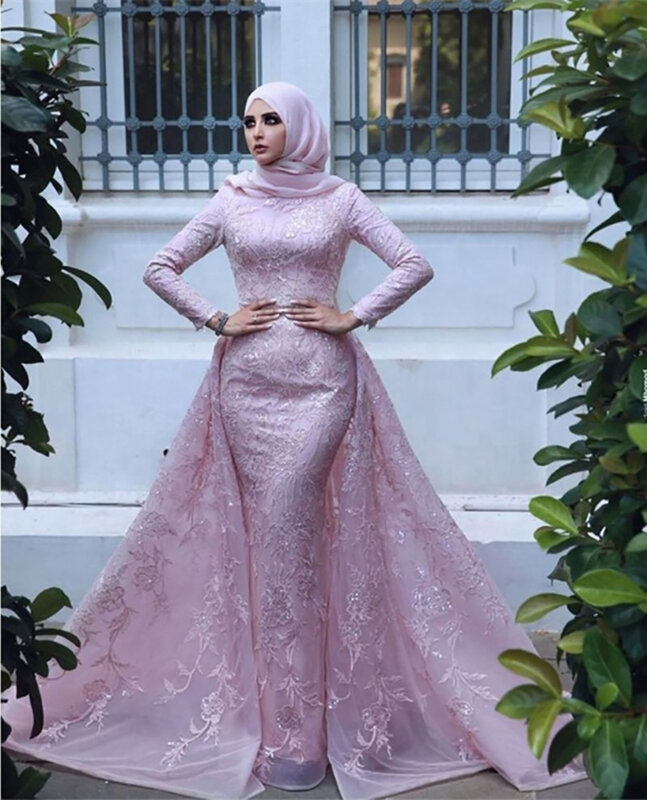 Gaun Pengantin Muslim Putri Duyung Buatan Khusus Gaun Pengantin Islami Arab Saudi dengan Kerudung