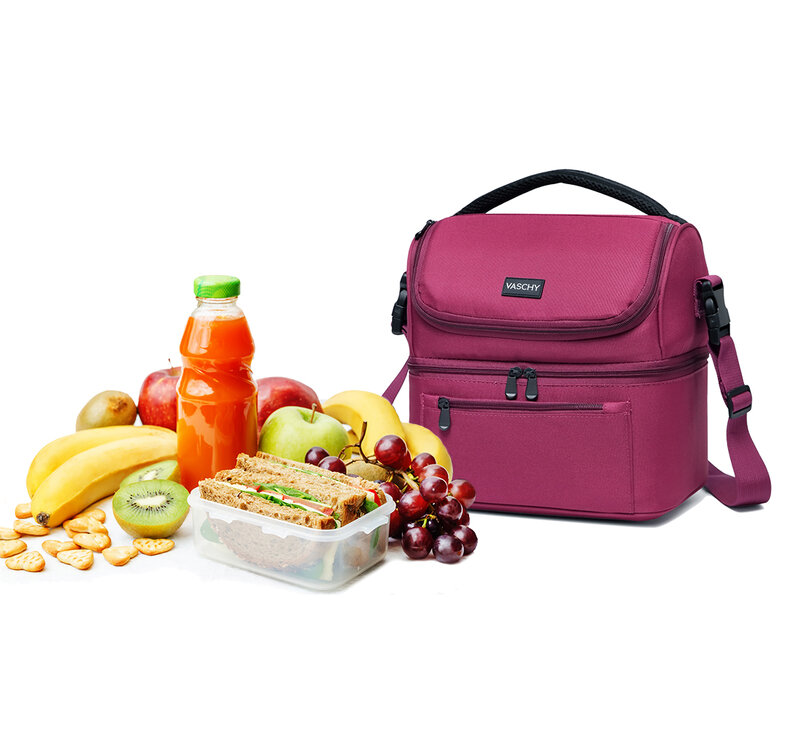 VASCHY-Bolsa de almuerzo aislante a prueba de fugas para hombre y mujer, bolso Bento de doble compartimento, bolsa de Picnic de 14 latas, color Burdeos