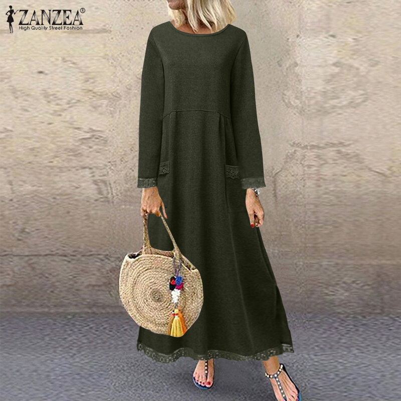 Модный женский осенний сарафан ZANZEA 2023, кружевные лоскутные свитшоты, платье, женские толстовки, макси платья, пуловер