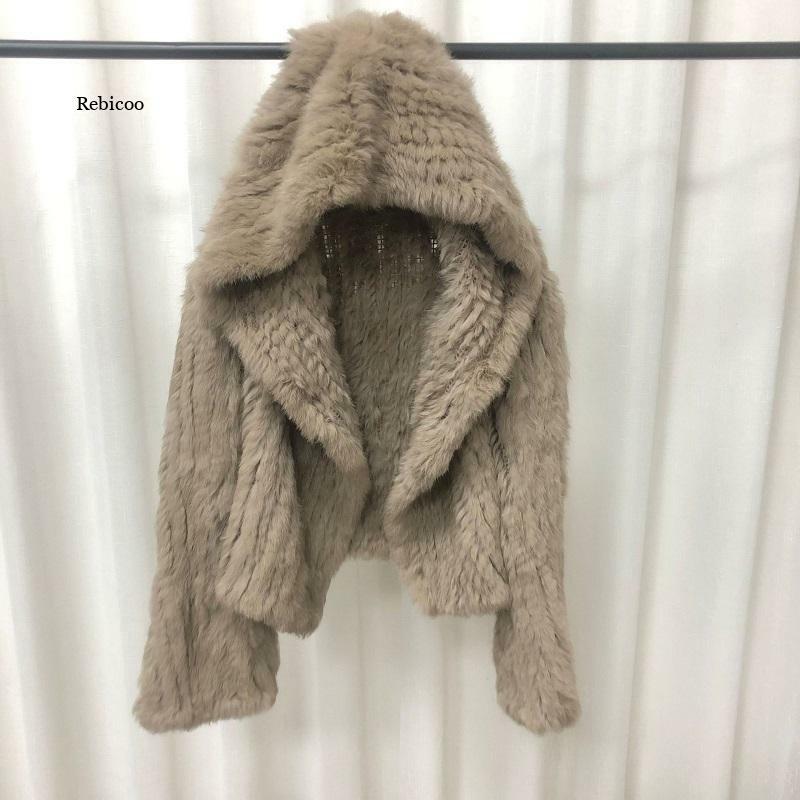 Abrigo de piel de conejo Rex de manga larga para mujer, abrigo corto con capucha coreana, con cuello vuelto, de punto sólido, de piel Real, de invierno