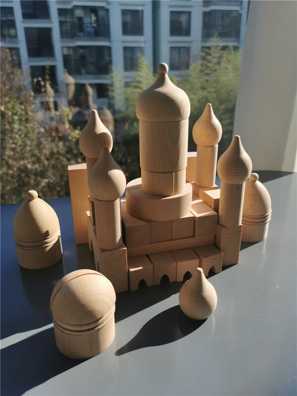 Children Wooden Building Blocks Church Colosseum Unpaint Wood Stacking Castle Athletic Bricks Educational Toy