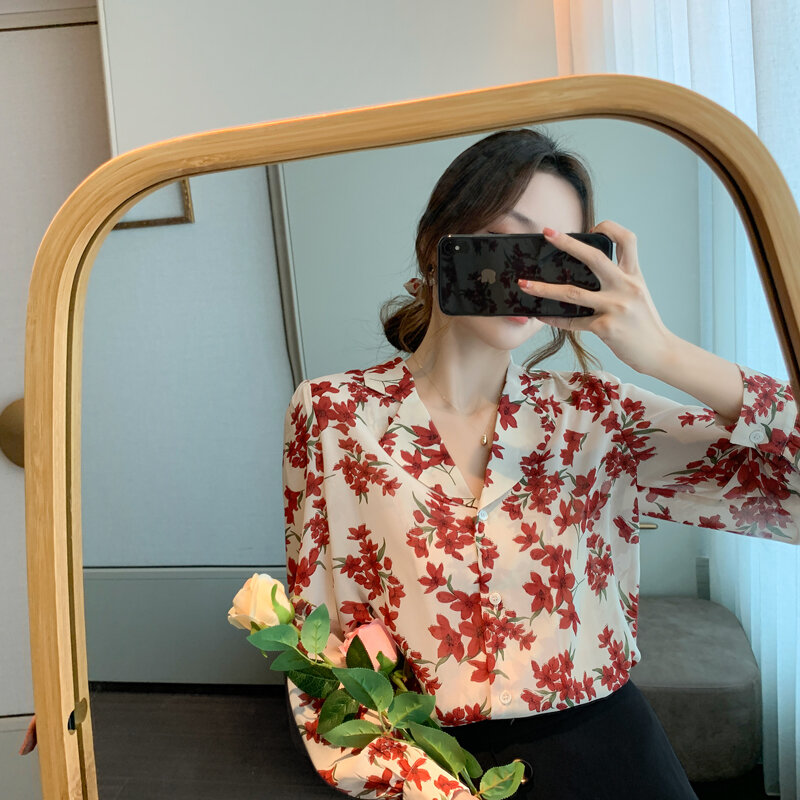 2020 herbst Strickjacke Shirts Revers Langarm-shirt Mode-Lose Chiffon-Shirt Top Bluse Frauen Floral Gedruckt Blumen Tops