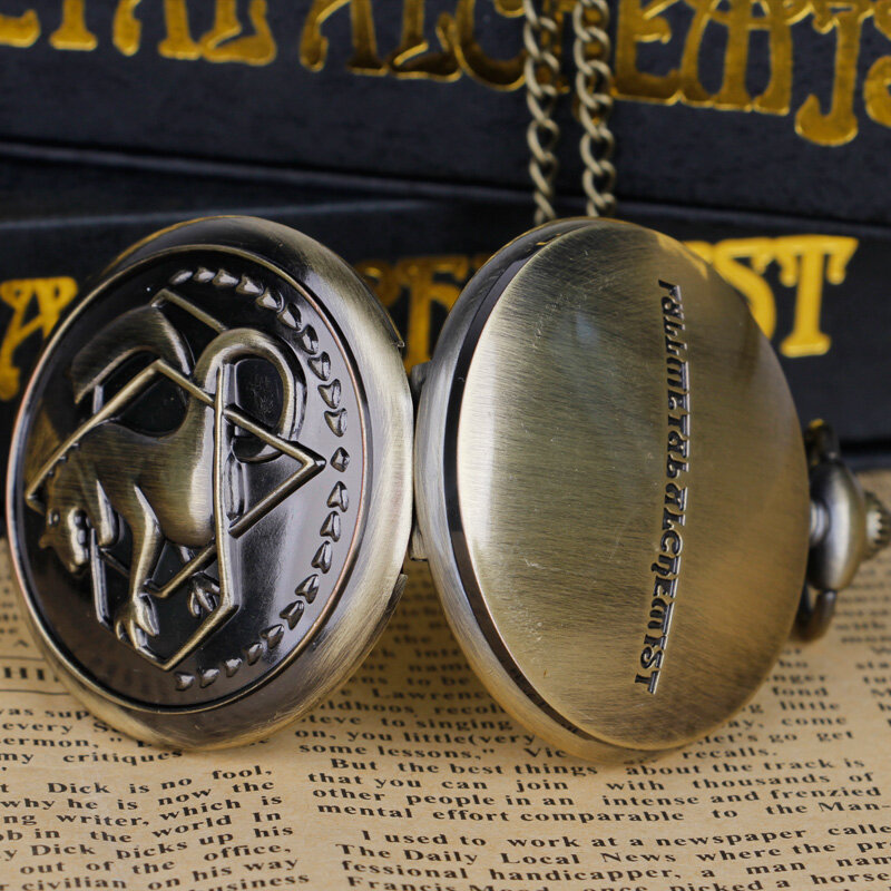 Alchemist de Metal completo, relojes de bolsillo de cuarzo de bronce opaco, collar con colgante de cadena, hombres y mujeres