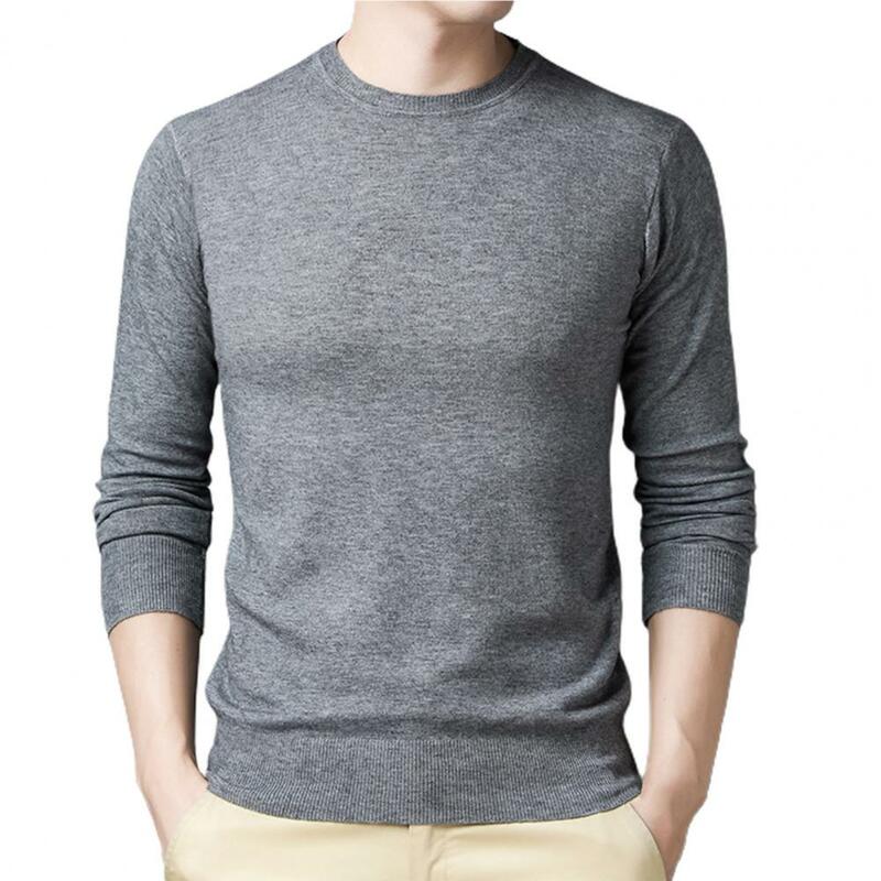 Manga comprida cor sólida homens pulôver simples o pescoço ajuste fino camisa de fundo para o outono inverno