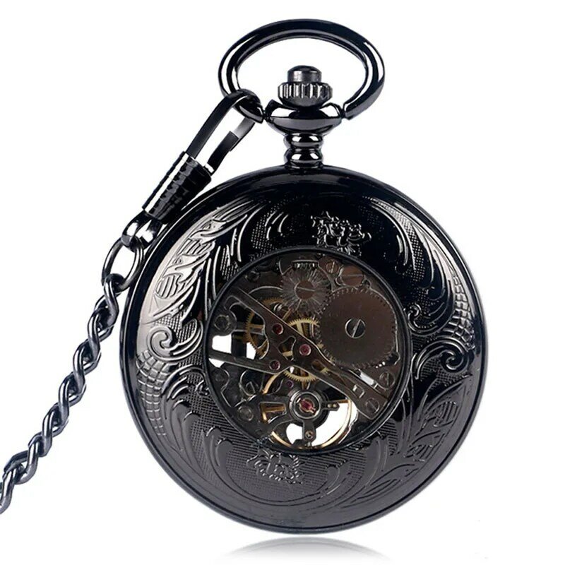 스팀펑크 블랙 할로우 아웃 케이스 남성용 핸드와인딩 기계식 포켓 시계, 아빠 디자인 펜던트 체인 시계, 아버지에게 선물