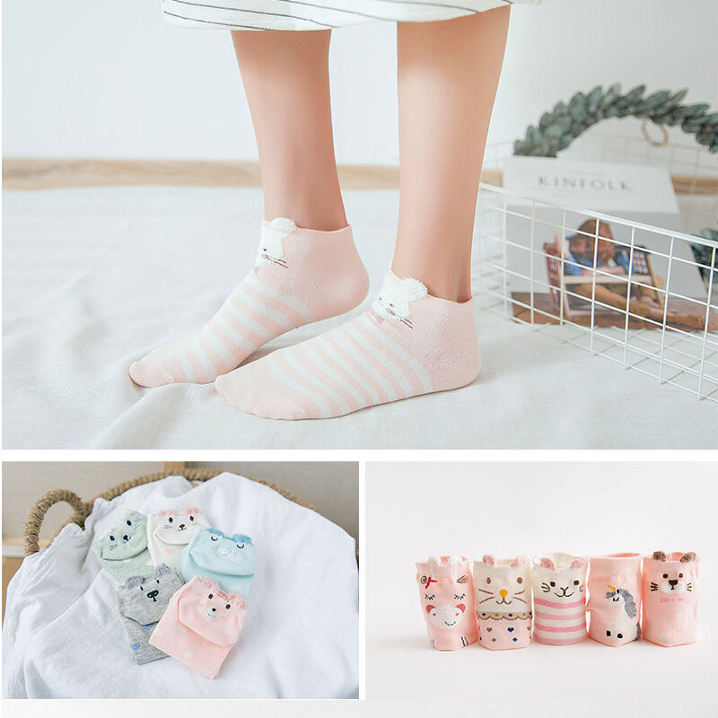 5Pairs/Lot Summer Korea Socks Women Cartoon Cat Fox Mouse Socks Cute Animal Funny Ankle Socks Cotton Invisible Socks Dropship
