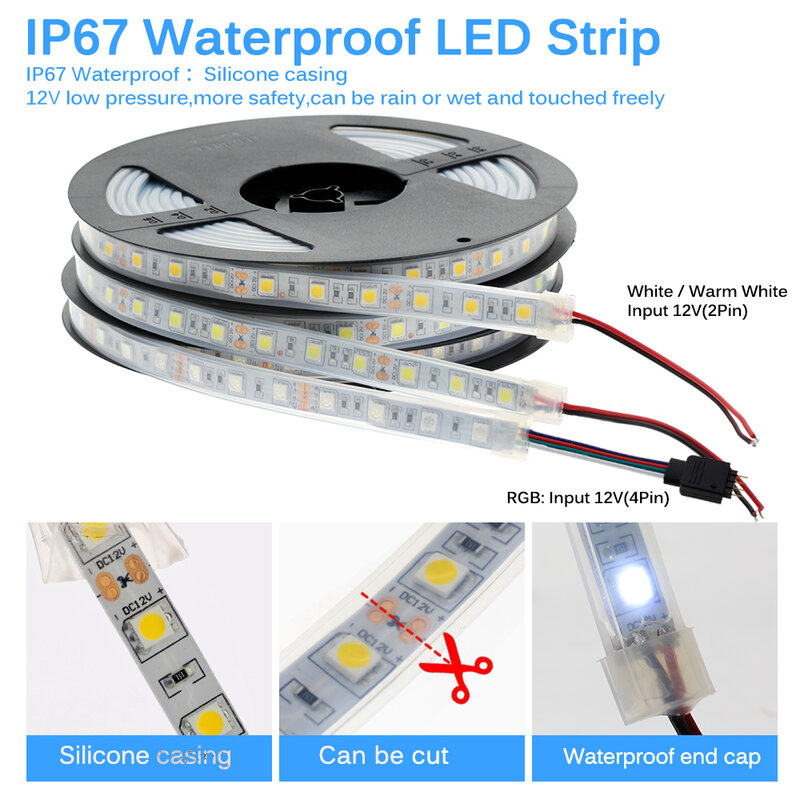 IP67 IP68 กันน้ำ LED Strip 5050 DC12V คุณภาพสูงใต้น้ำและความปลอดภัยกลางแจ้ง RGB LED Strip Light 300LEDs 60 LEDs/M 5 M/เมตร/ล็อต