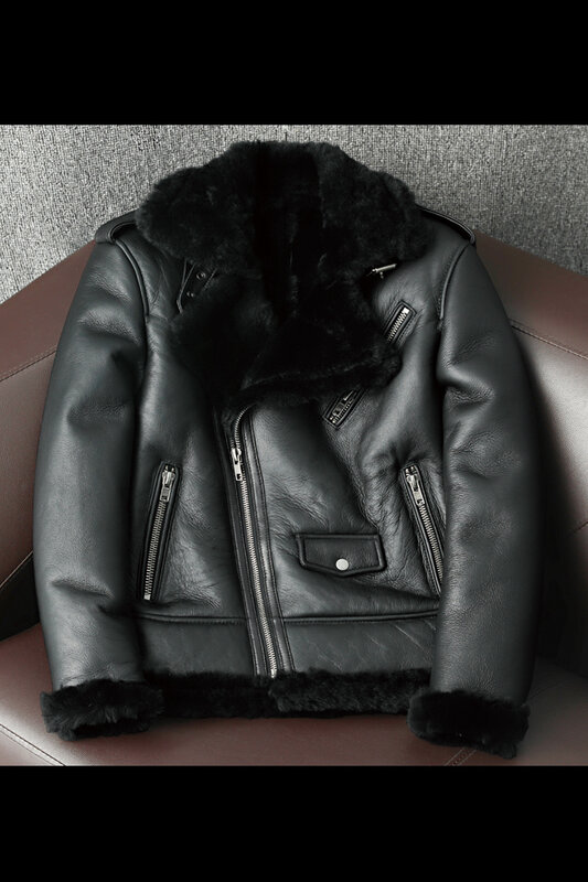 Chaqueta de piel con cremallera oblicua para hombre, abrigo de piel de motocicleta con solapa, invierno, novedad de 2023