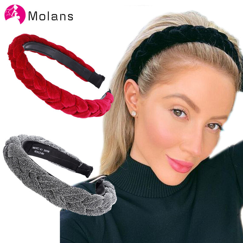 Molans-Pleciona, szeroka obręcz do włosów, opaska do włosów z pałąkiem, modne akcesoria, błyszcząca tkanina