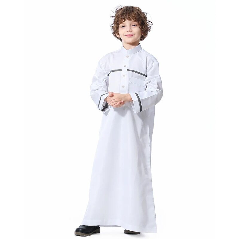 Herbst Muslimischen Kinder Abaya Für Jungen Jubba Thobe Lange Ärmeln Arabischen Jugendliche Islamische Kleidung Kinder Dubai Streifen Robe Kaftan