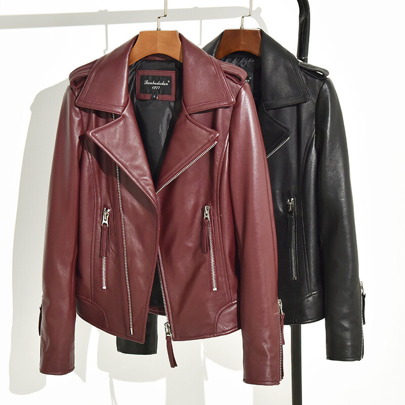 Женская Повседневная куртка из натуральной овечьей кожи, черная мотоциклетная куртка в стиле панк, верхняя одежда для осени и зимы