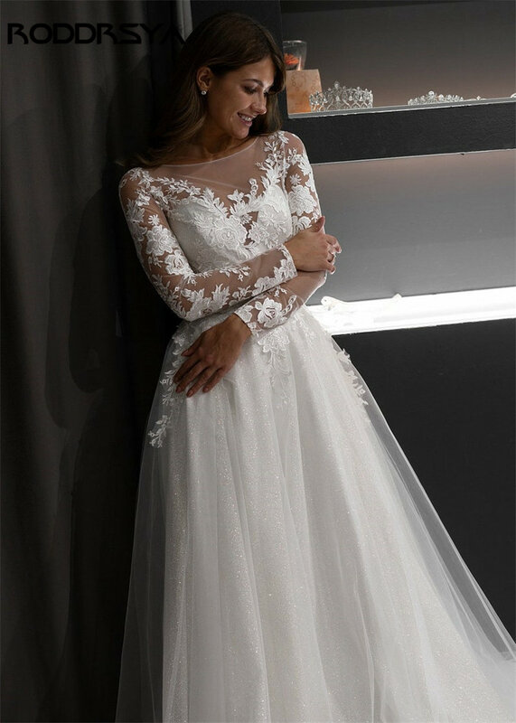 RODDRSYA A line Lace Appliques Long Sleeve Glitter Wedding Dress Sequins Illusion Back Beach Bridal Gowns vestido de noiva