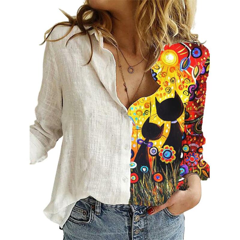 Modna damska bluzka guziki z długim rękawem słonecznikowe koty patchworkowe bluzki koszula biurowa odzież damska рубашка женская