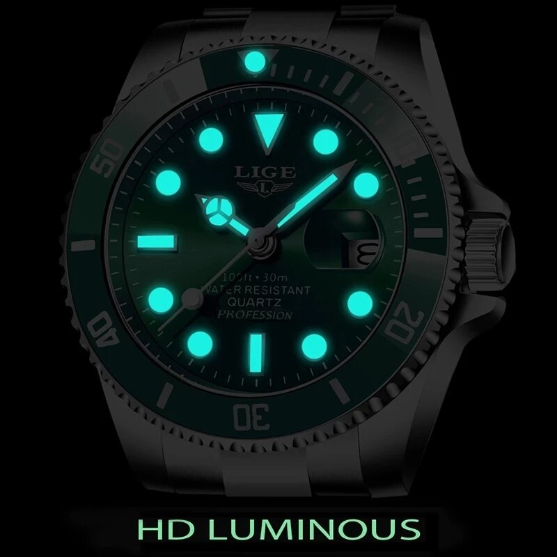 LIGE-grande relógio de pulso para homens, aço inoxidável, relógio 316L, marca de topo, luxo safira vidro, 2023, novo