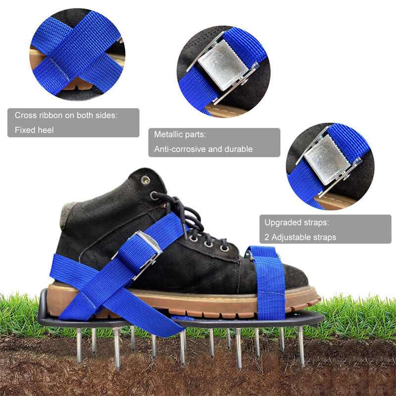 수동 잔디 에어레이터 스파이크 신발, 잔디 에어레이터 신발, 후크 및 루프 스트랩 및 미끄럼 방지 금속 버클