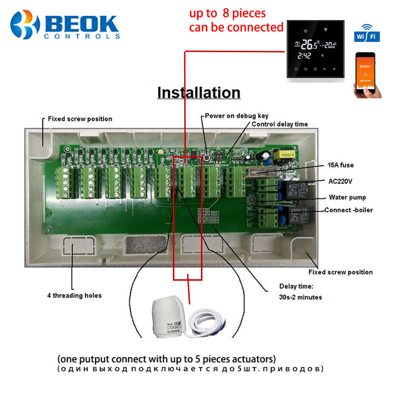 Beok CCT-10 محور تحكم 8 غرفة فرعية صمام كهربائي صندوق LCD يشير إلى 8 قنوات المكثف