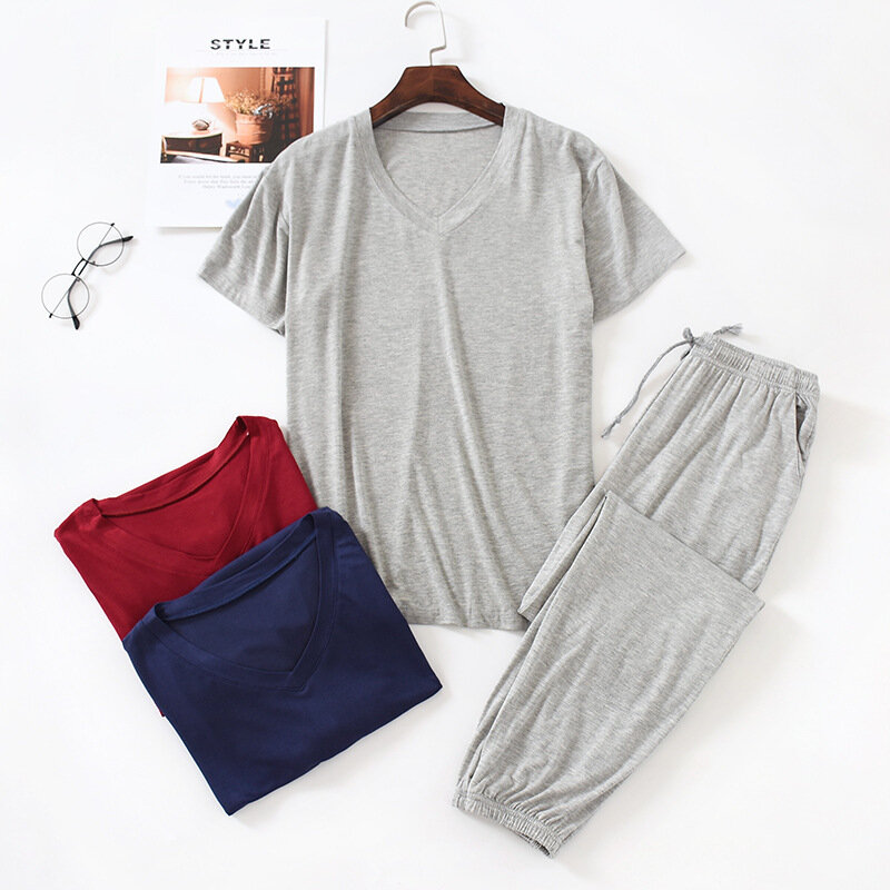 Pijamas masculinos de primavera e verão japonês terno de fibra de viscose modal calças de manga curta soltas tamanho grande casual casa wear