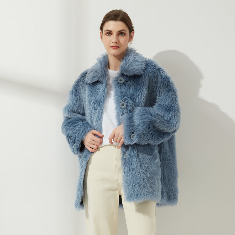 Wixra Frauen Schaffell Wolle Mantel Damen Winter Einreiher Echtes Pelz Outwear Jacke Oversize Warme Luxus Mantel
