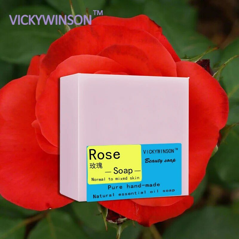 VICKYWINSON Sabun Buatan Tangan Mawar 100G Minyak Esensial Tanaman Alami Sabun Buatan Tangan Pemutih Pelembab Menghilangkan Jerawat Bersih Sabun Mandi