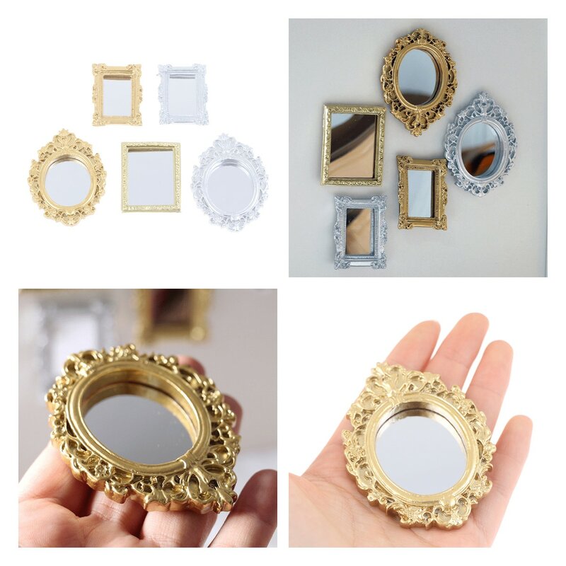 1/12 Rumah Boneka Miniatur Bingkai Aksesoris Furnitur Miniatur Cermin Dinding Kamar Cermin Boneka Rumah Cermin