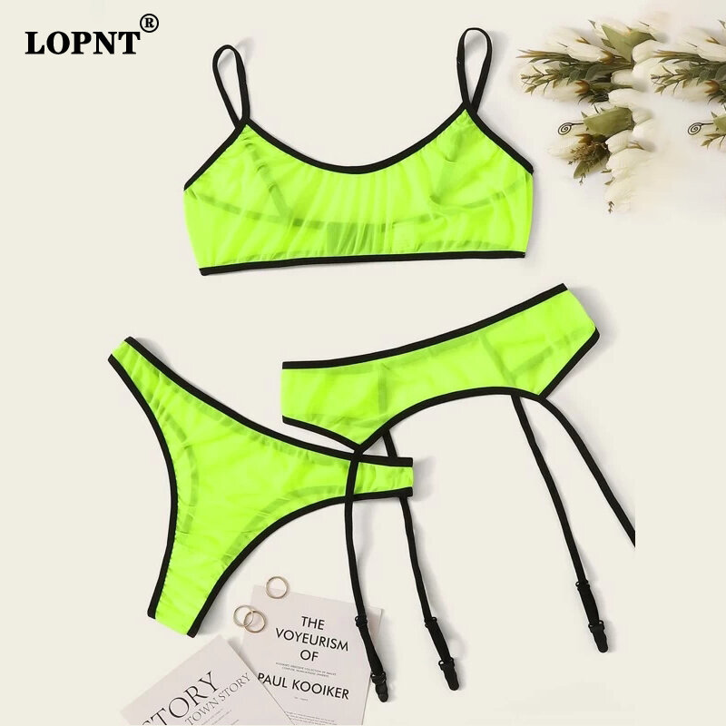 LOPNT 새로운 3pcs 란제리 섹시한 브래지어 세트 여자의 레이스 슬링 브래지어 붕대 통 가터 훈장 섹시한 견인 후크 속옷 란제리 세트
