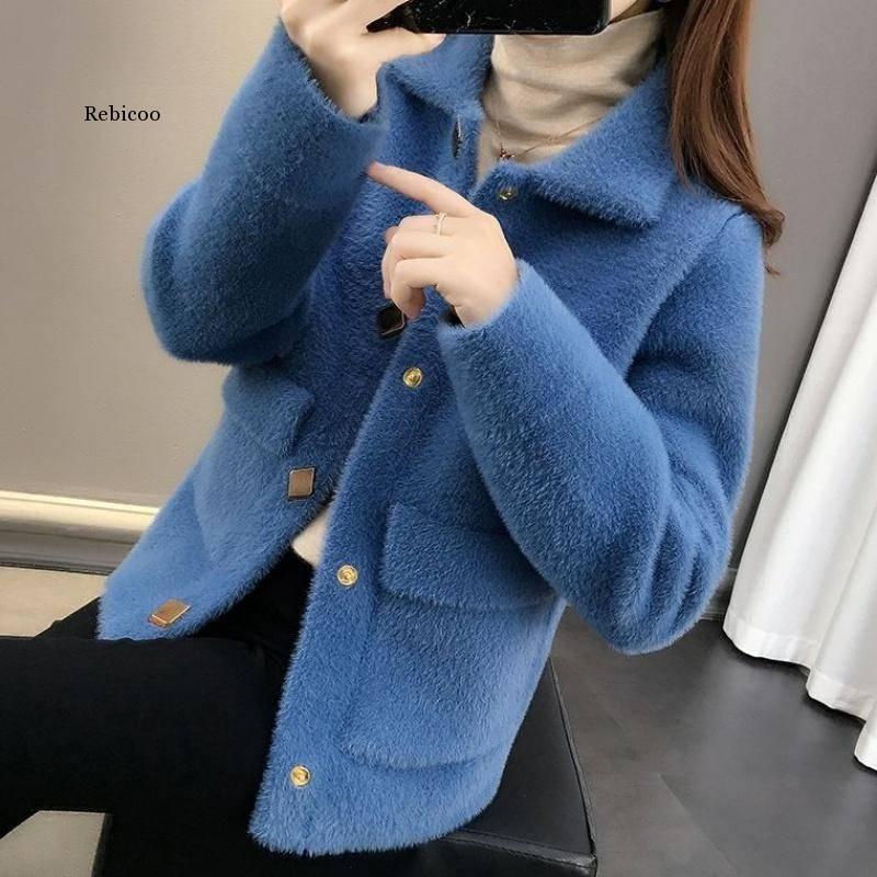 Кардиган женский осенне-зимний, элегантная приталенная вязаная куртка на пуговицах, из искусственной норки, с V-образным вырезом, корейский стиль
