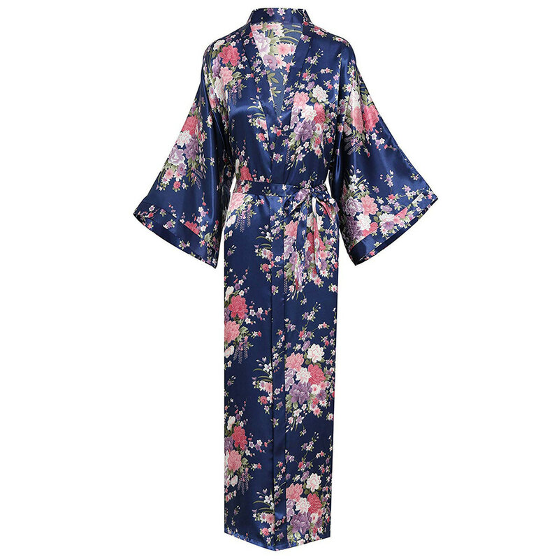 Vestido de talla grande para dama de honor, bata de rayón para mujer, vestido largo con estampado de flores, Kimono, albornoz, ropa de dormir informal de satén para el hogar