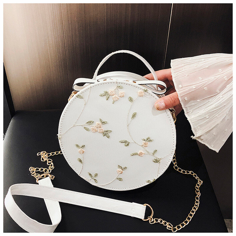 Hot Sale Sweet Lace Round Handbags High Quality PU Leather Women Crossbody Bags Female Small Fresh Flower Chain Shoulder White