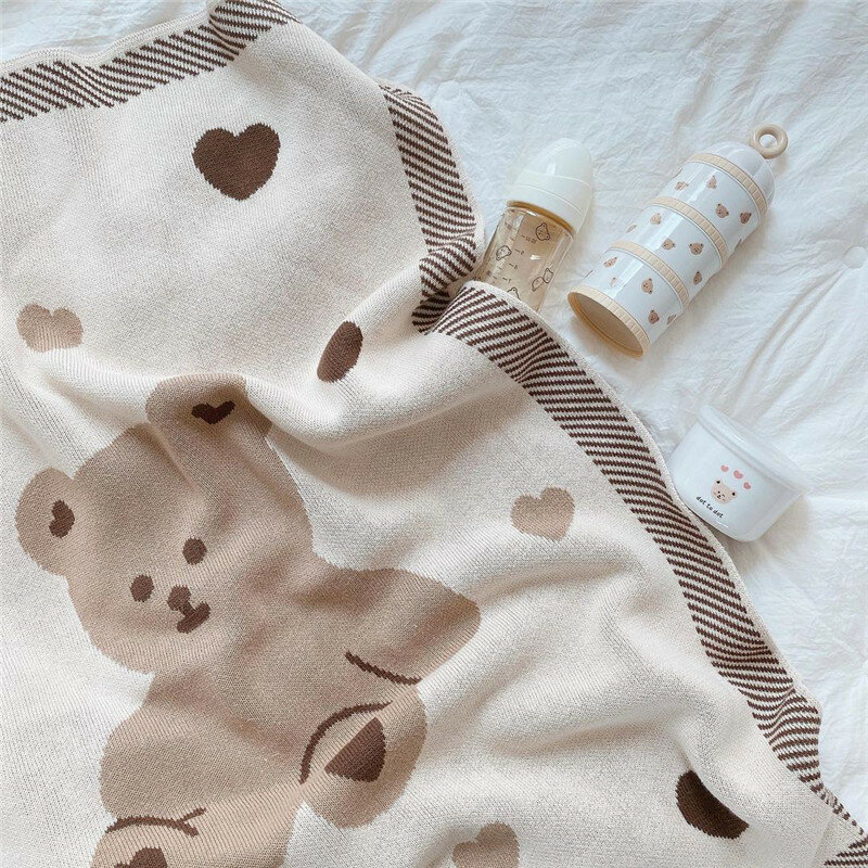 Reversível super macio algodão malha recém-nascido recebendo cobertor, adorável kniting urso cobertor do bebê, colcha do bebê, swaddle infantil